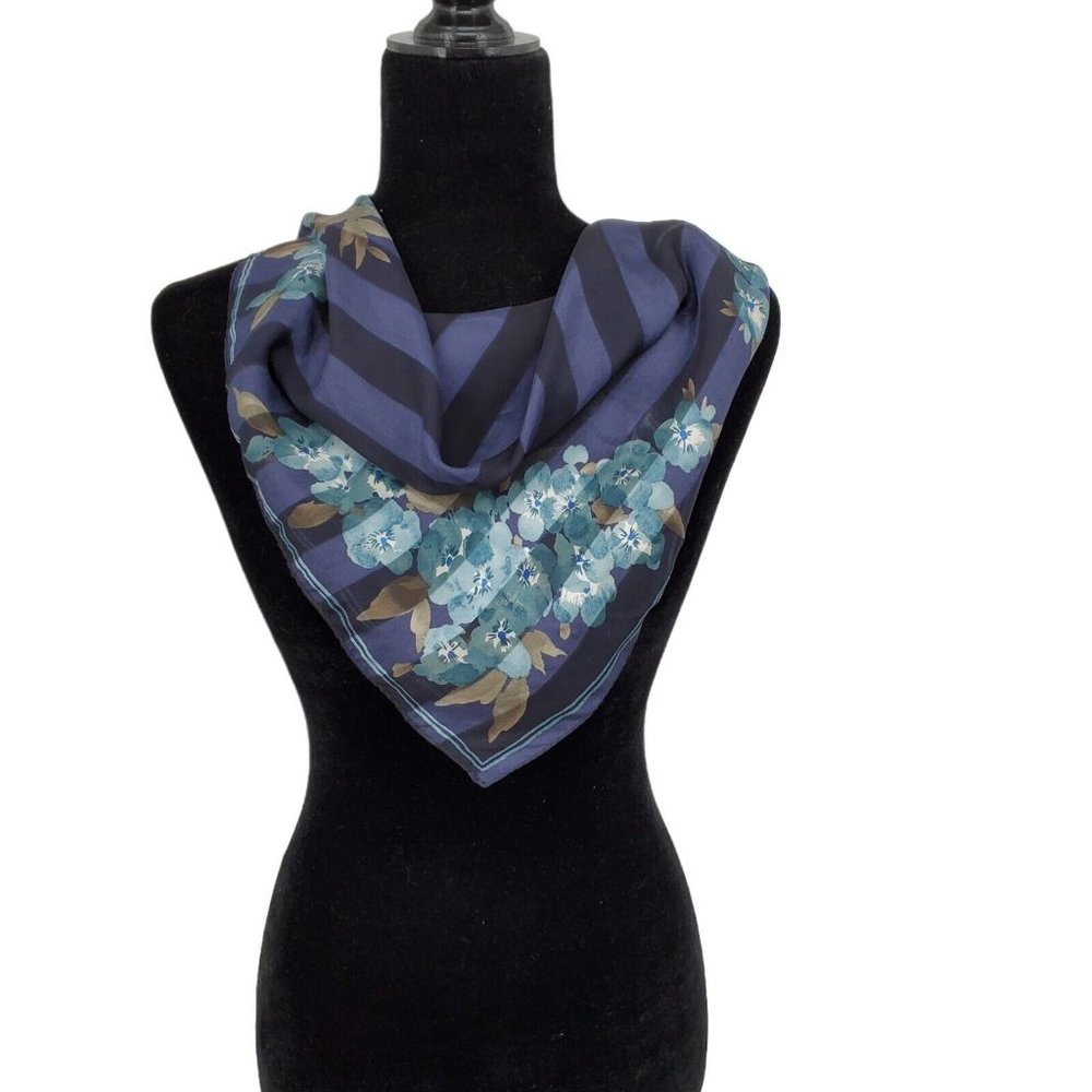 Elaine Gold Silk Chiffon Scarf Navy Blue Floral 20" Square  Neckerchief